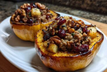 Two halves of roasted stuffed acorn squash filled with sausage, walnuts, and cranberries, served on a white plate.