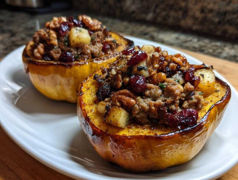 Two halves of roasted stuffed acorn squash filled with sausage, walnuts, and cranberries, served on a white plate.