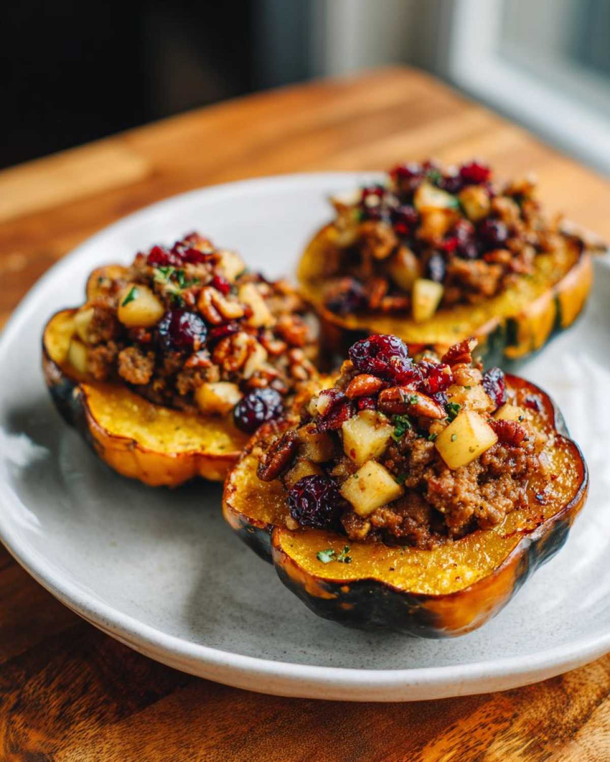 Three halves of roasted stuffed acorn squash filled with a savory mixture of meat, pecans, apples, and cranberries.
