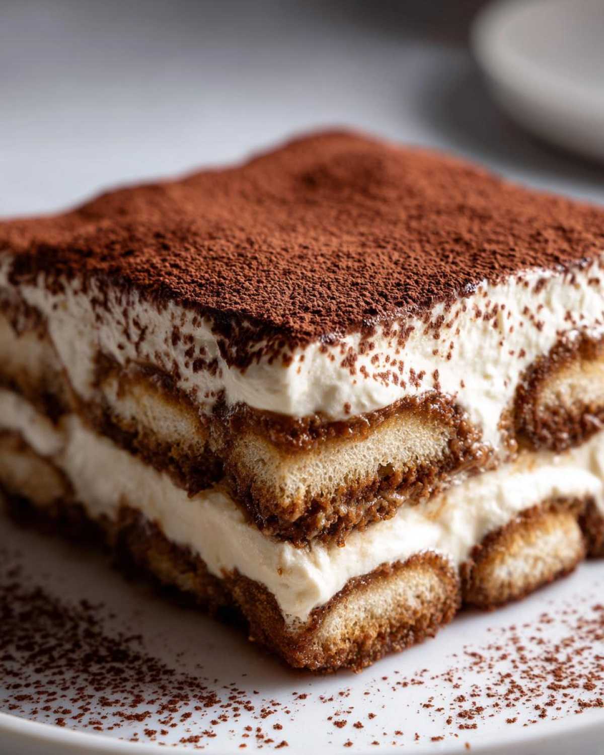 Close-up of a layered slice of amazing tiramisu recipe dusted heavily with cocoa powder.