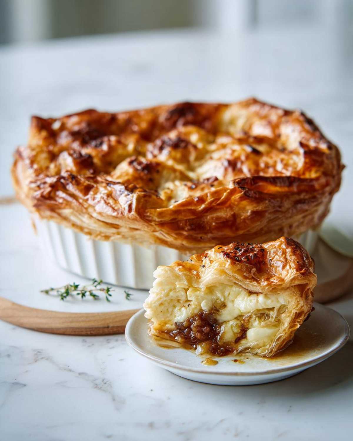 A slice of baked brie in puff pastry showing melted cheese and caramelized onions, served next to the whole baked brie in puff pastry.