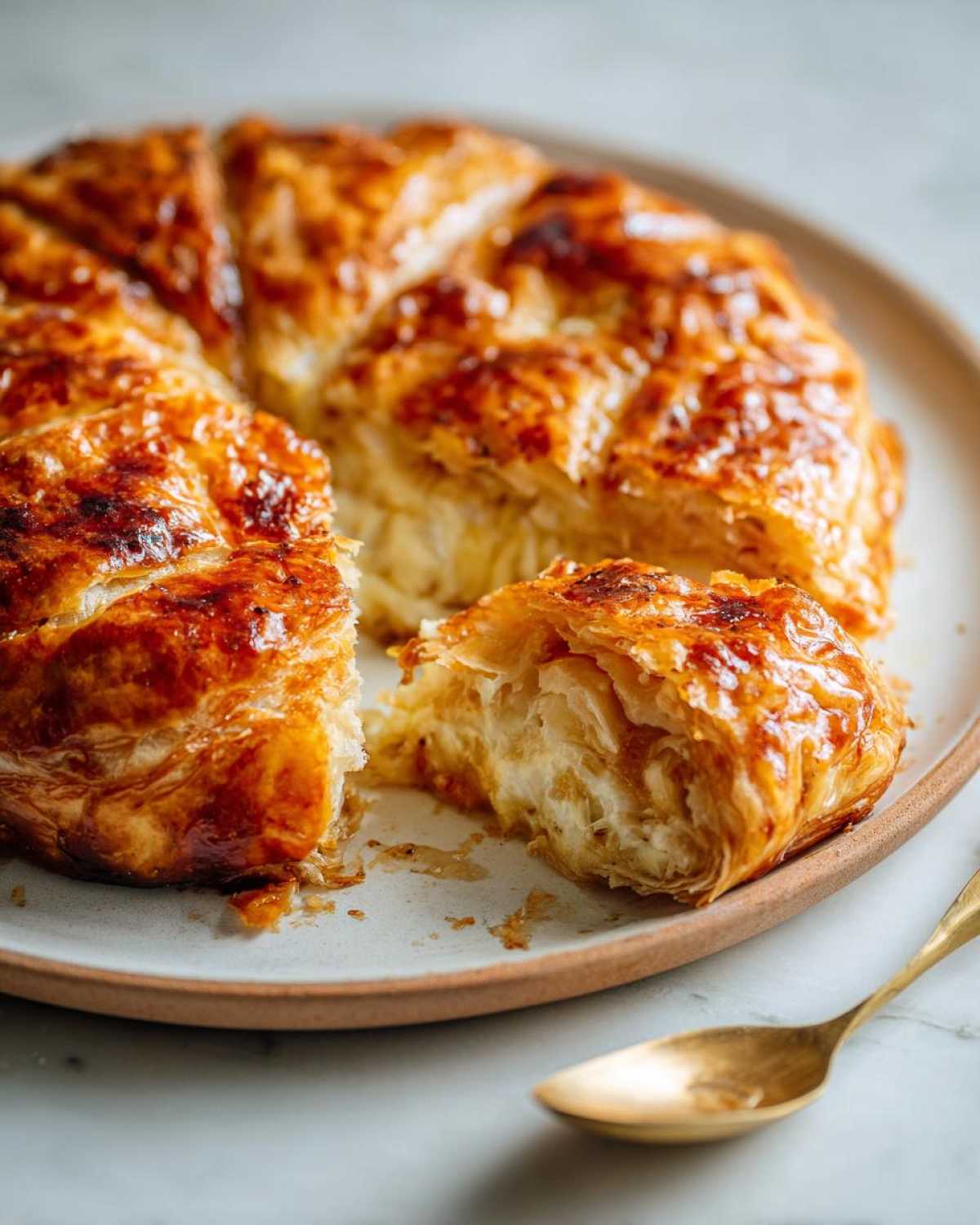 A golden, flaky baked brie in puff pastry, sliced open to show the melted cheese center, served on a plate.