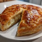 A golden brown, flaky baked brie in puff pastry, served on a white plate with one slice cut to show the melted cheese filling.