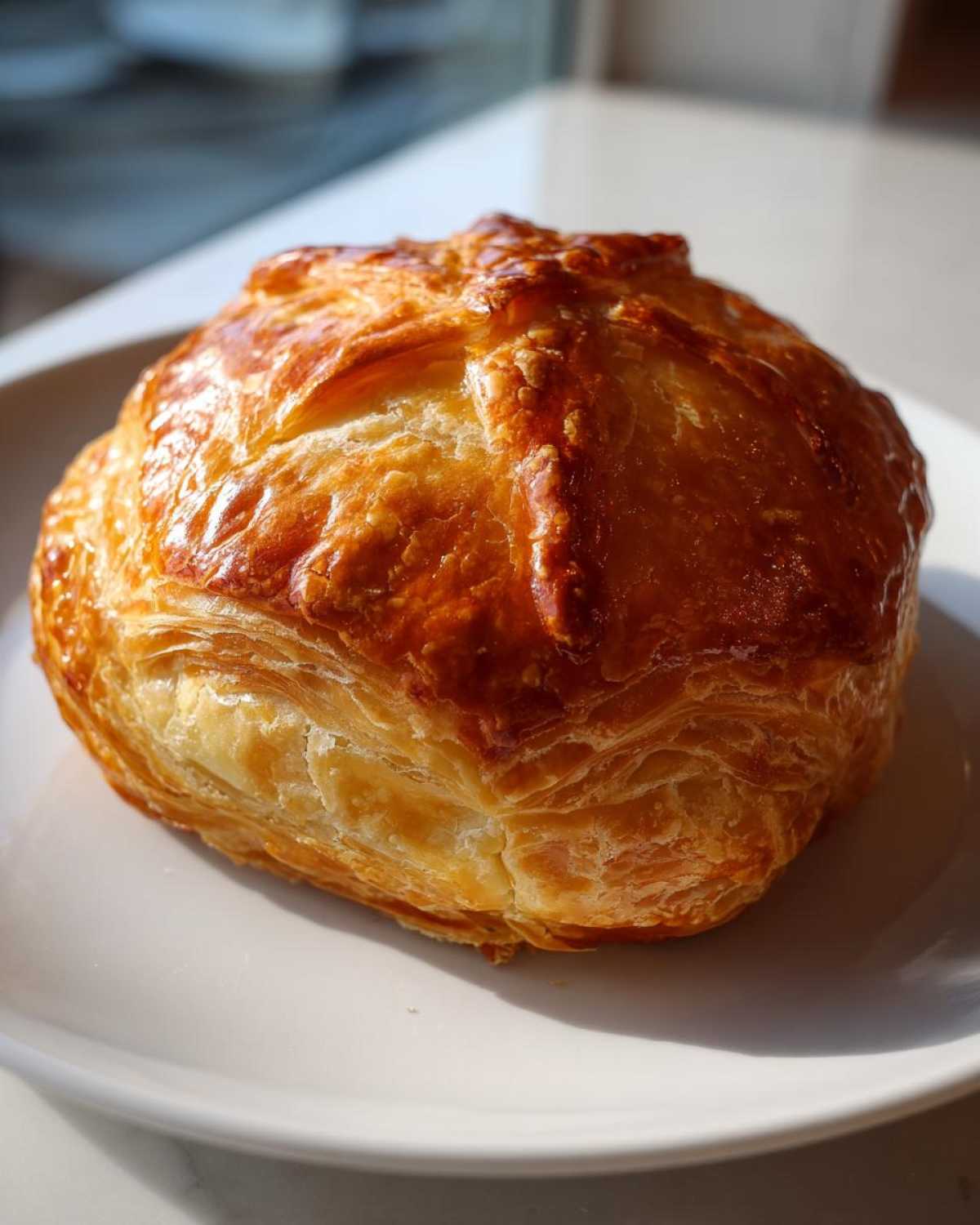 A perfectly golden brown baked brie in puff pastry resting on a white plate.