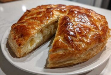 A golden brown, flaky baked brie in puff pastry, served on a white plate with one slice cut to show the melted cheese filling.