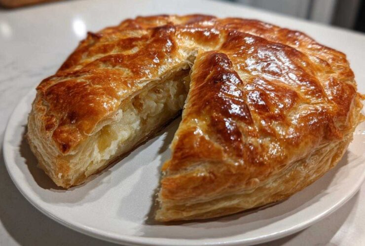 A golden brown, flaky baked brie in puff pastry, served on a white plate with one slice cut to show the melted cheese filling.