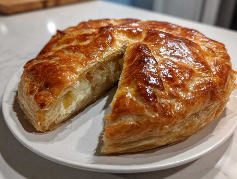 A golden brown, flaky baked brie in puff pastry, served on a white plate with one slice cut to show the melted cheese filling.