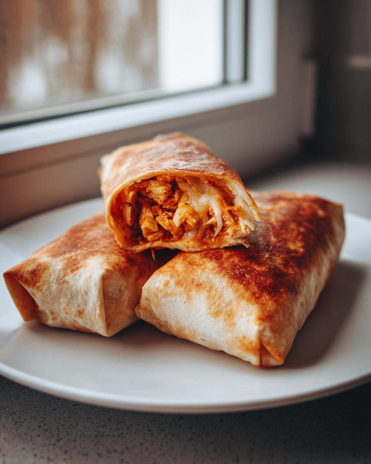 Close-up of two golden-brown Baked Chicken Chimichangas, one cut open to show shredded chicken and melted cheese filling.