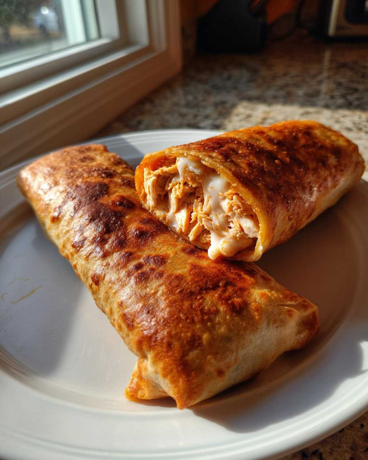 Two golden-brown Baked Chicken Chimichangas on a white plate, one cut open to show shredded chicken filling.