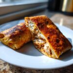 Two halves of a golden-brown Baked Chicken Chimichangas showing the shredded chicken filling on a white plate.