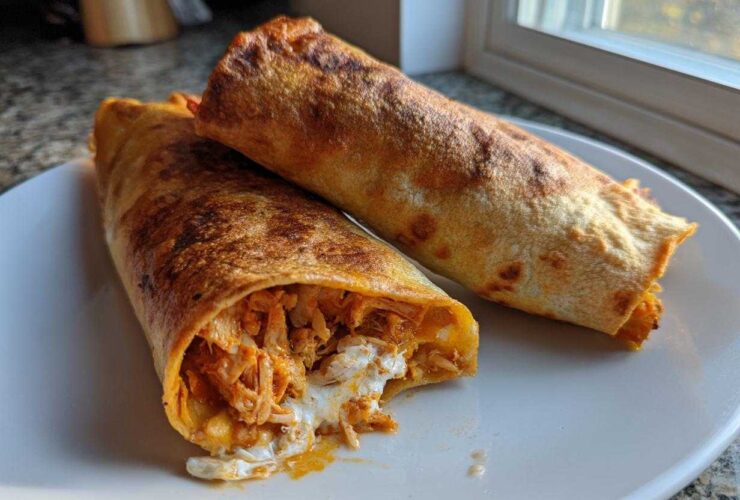 Two golden brown, crispy Baked Chicken Chimichangas served on a white plate, one cut open showing shredded chicken filling.