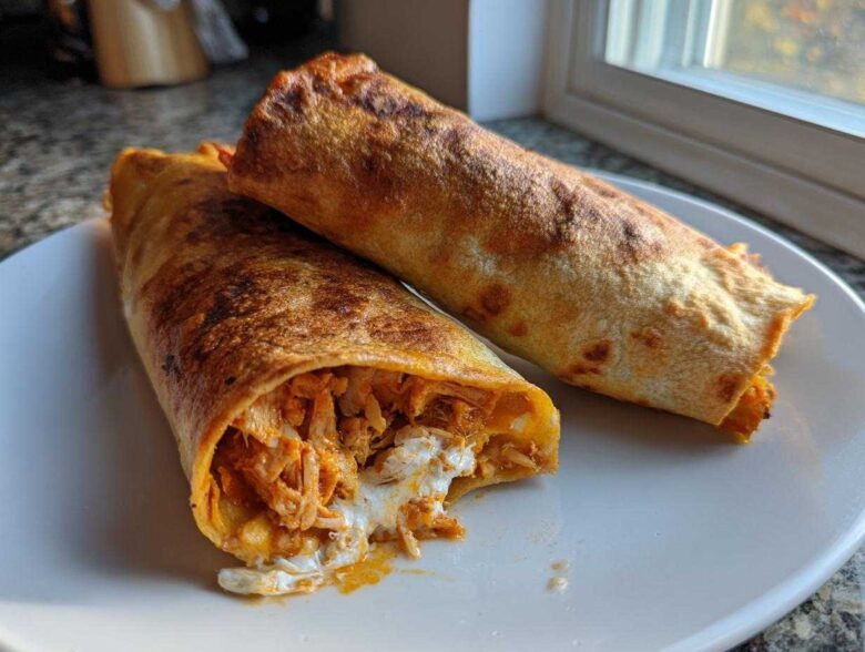 Two golden brown, crispy Baked Chicken Chimichangas served on a white plate, one cut open showing shredded chicken filling.