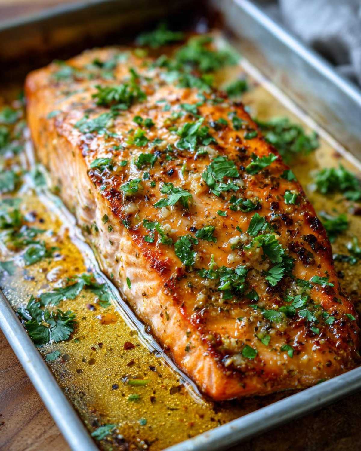 Close-up of a perfectly baked salmon fillet glistening with butter sauce and topped with fresh parsley.