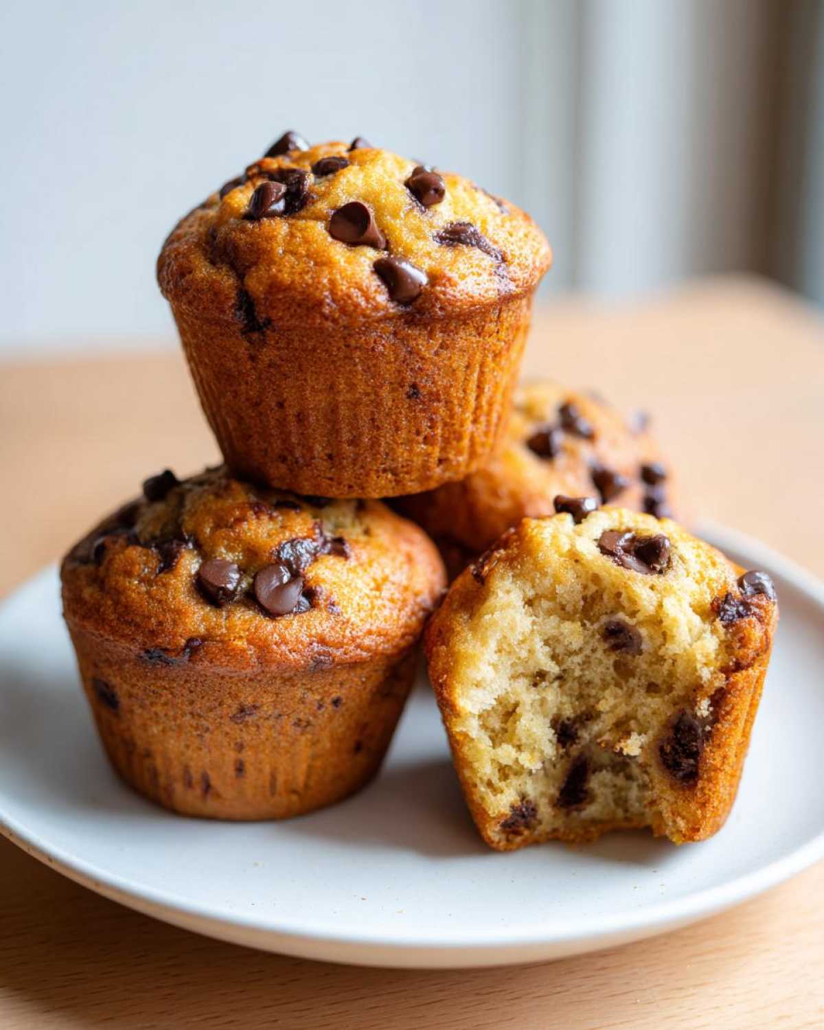 A stack of golden brown banana chocolate chip muffins with one partially eaten to show the moist interior.