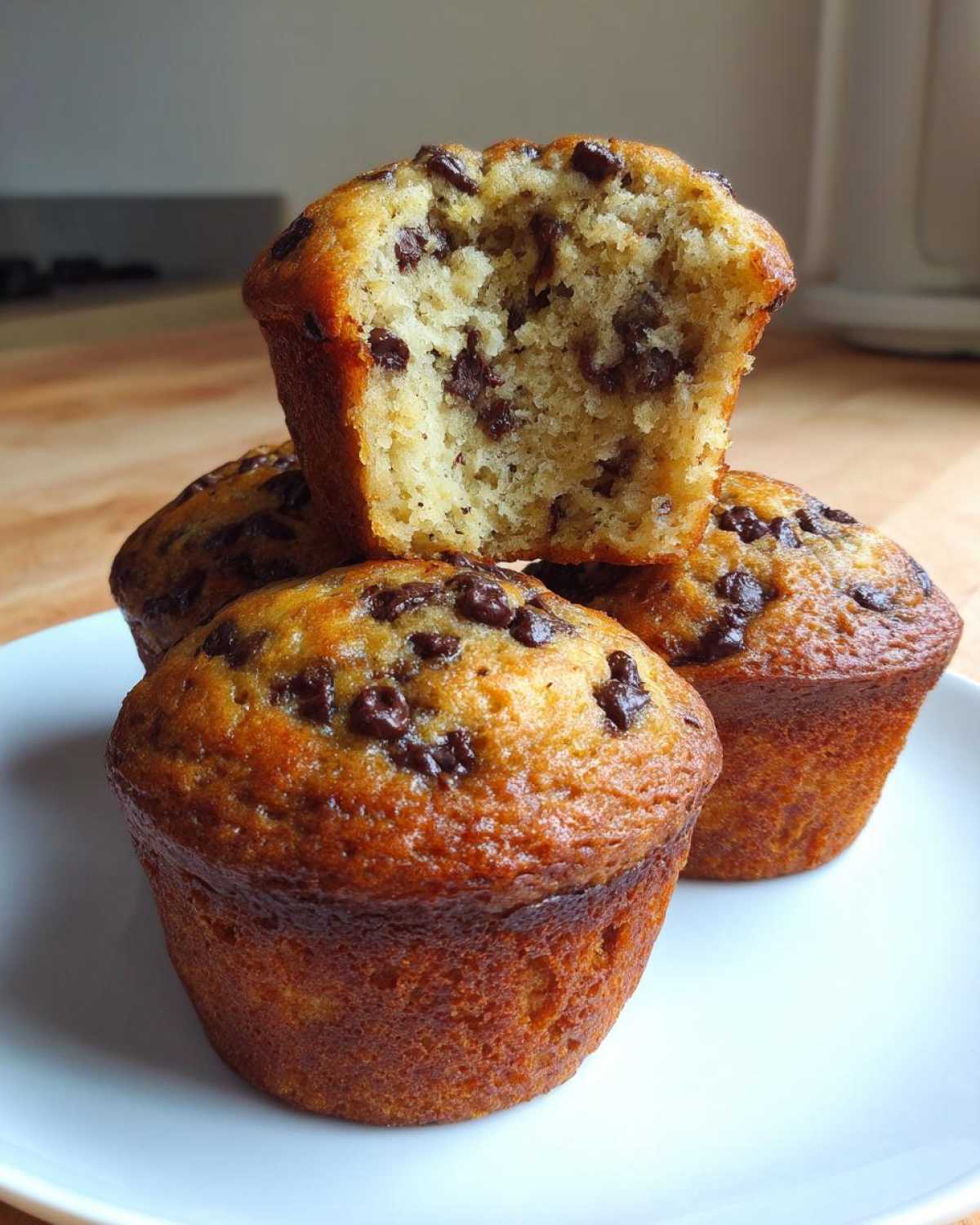 A stack of three golden brown banana chocolate chip muffins, one cut open showing the moist interior.