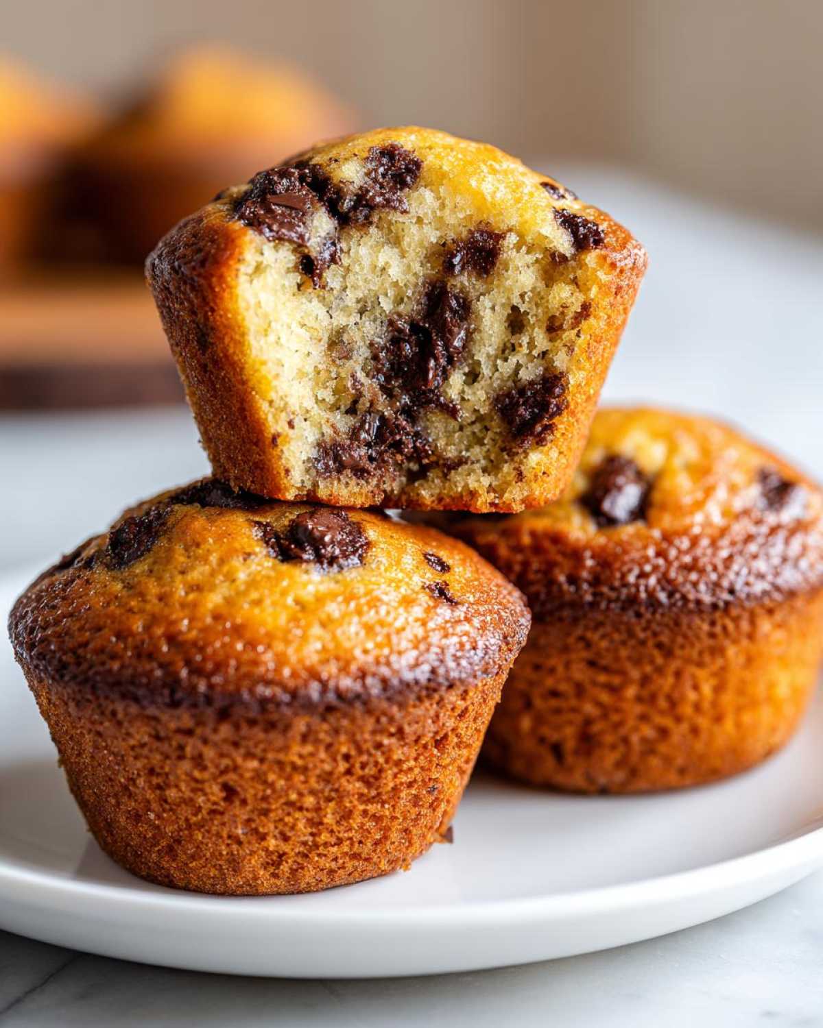Close-up of three moist banana chocolate chip muffins stacked, with the top one broken open showing melted chocolate chips.