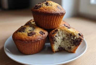 A stack of golden-brown banana chocolate chip muffins, one broken open to show the moist interior.