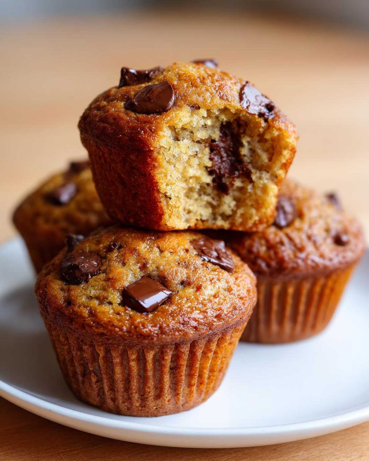 A stack of three moist banana chocolate chip muffins, one bitten to show melted chocolate inside.