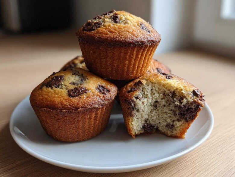 A stack of golden-brown banana chocolate chip muffins, one broken open to show the moist interior.