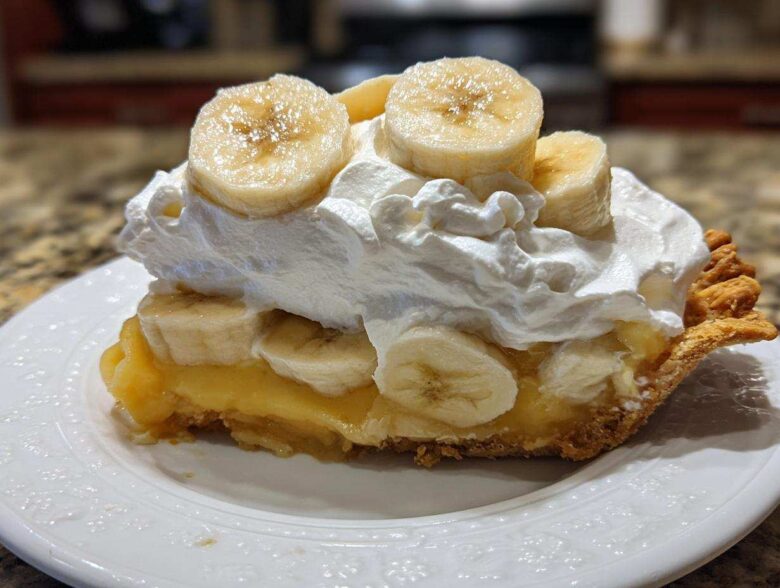 A generous slice of banana cream pie topped with thick whipped cream and fresh banana slices.