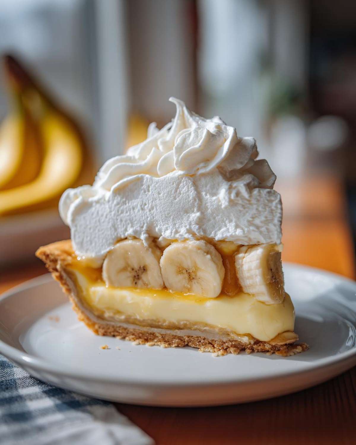 A tall slice of banana cream pie showing a graham cracker crust, thick vanilla custard, sliced bananas, and a generous topping of whipped cream.