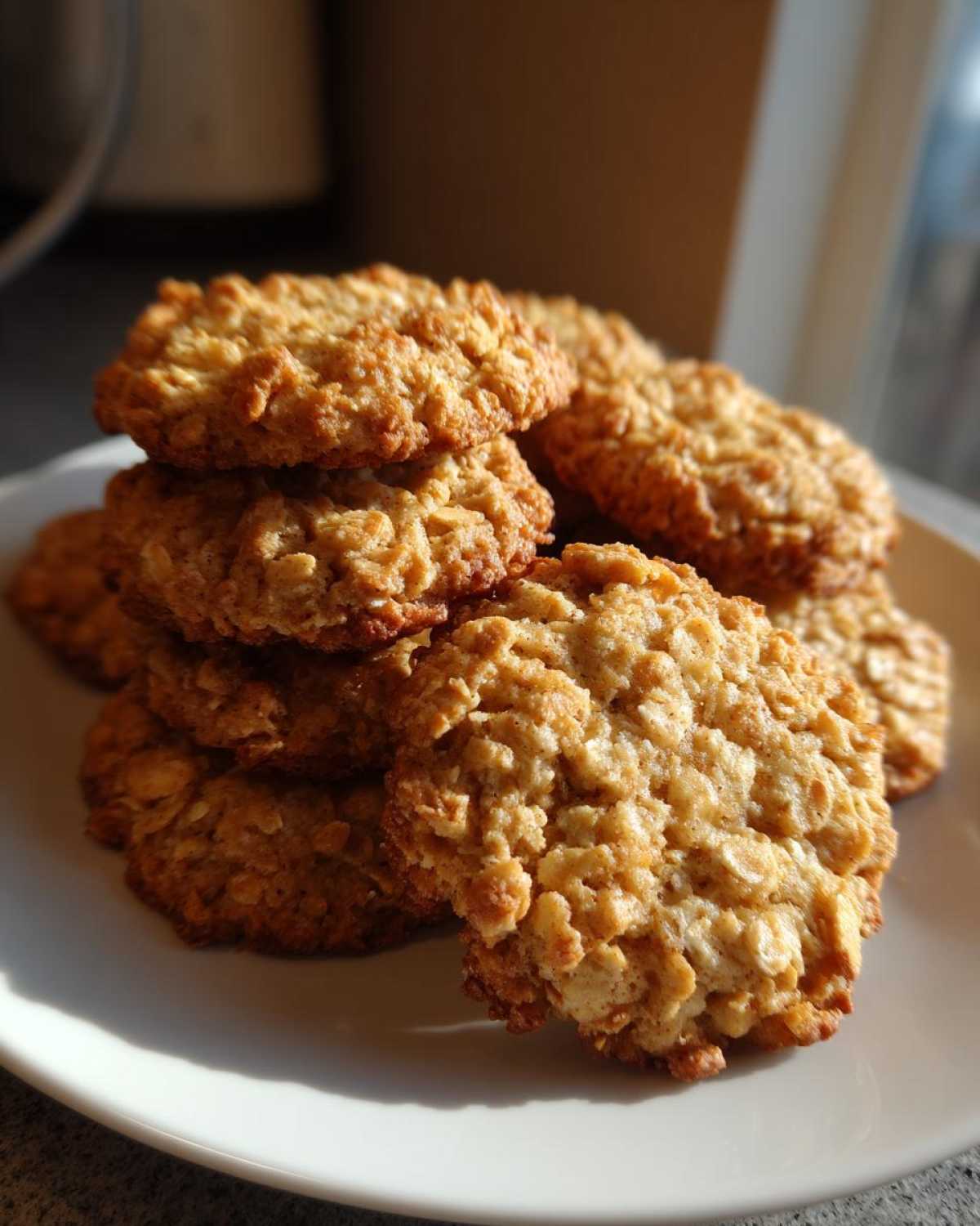 A stack of freshly baked, golden brown banana oatmeal cookies resting on a white plate, highlighted by natural light.