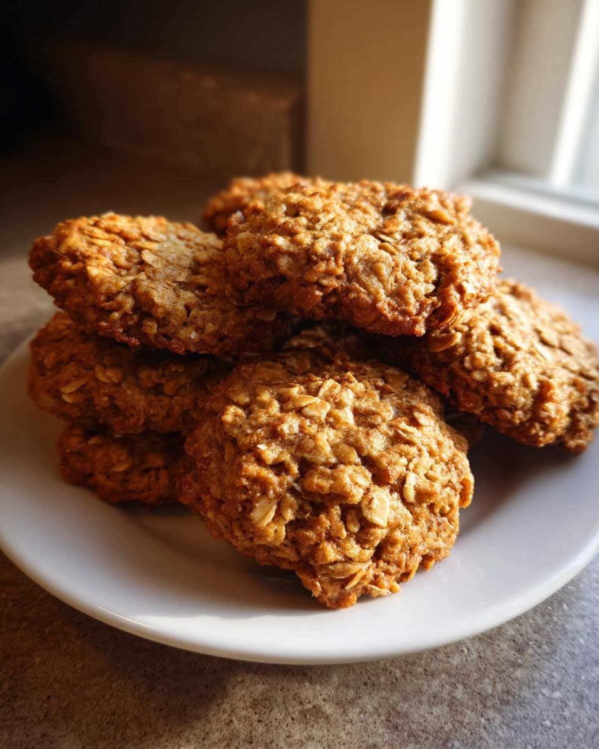 A close-up stack of golden brown banana oatmeal cookies resting on a white plate near a window.