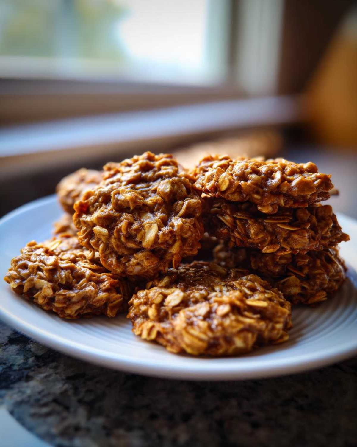 A close-up of several moist banana oatmeal cookies stacked on a white plate.