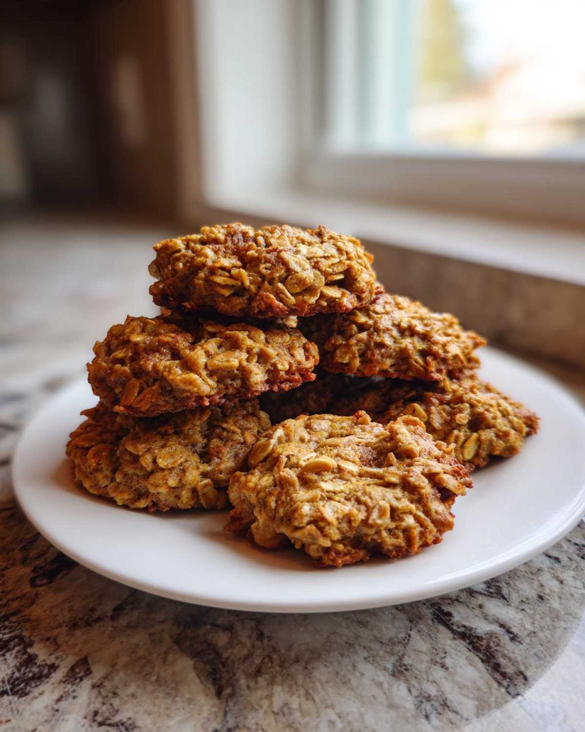 A stack of freshly baked banana oatmeal cookies piled high on a white plate.