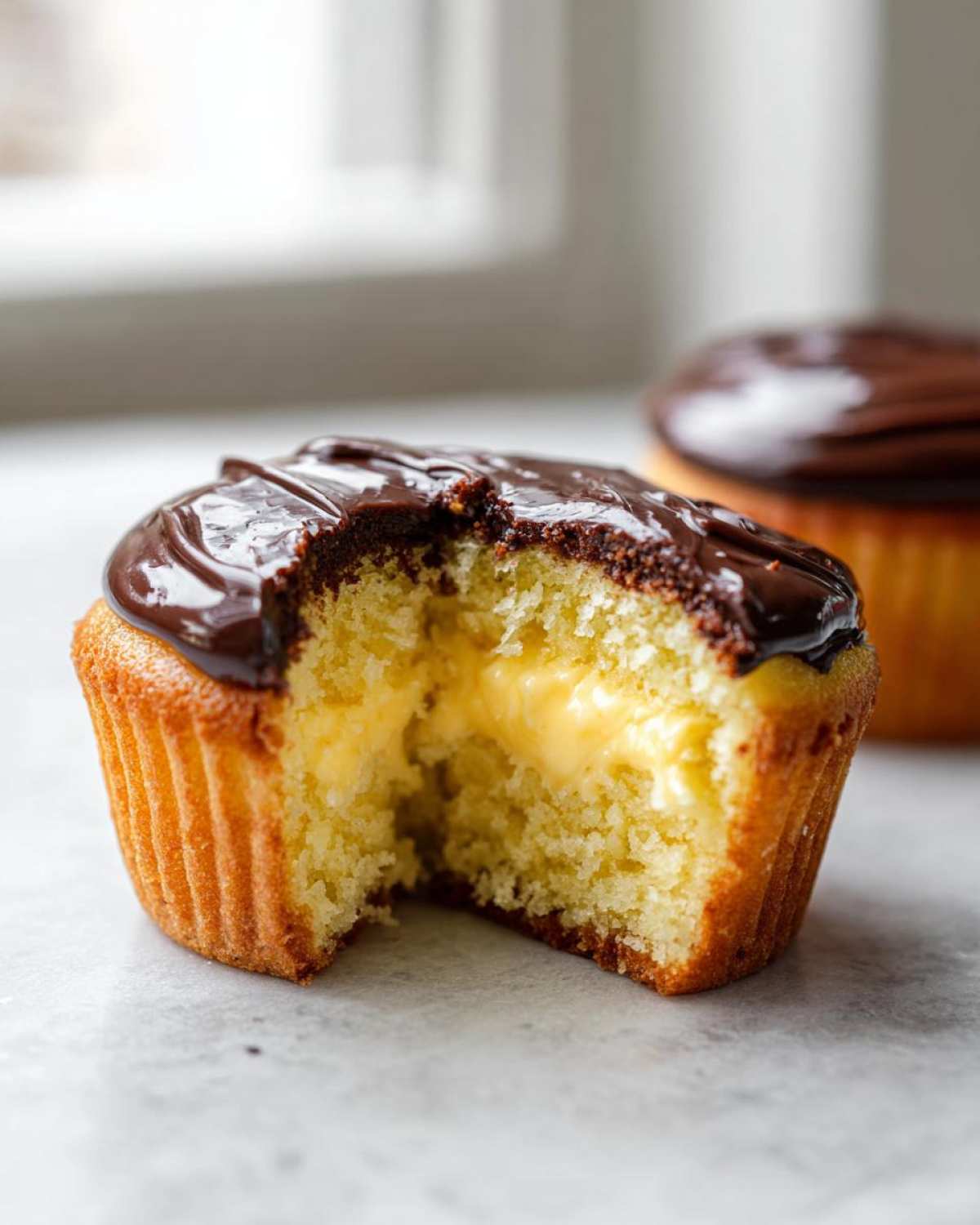 Close-up of a boston cream pie cupcake with a bite taken out, revealing vanilla pastry cream filling and chocolate ganache.