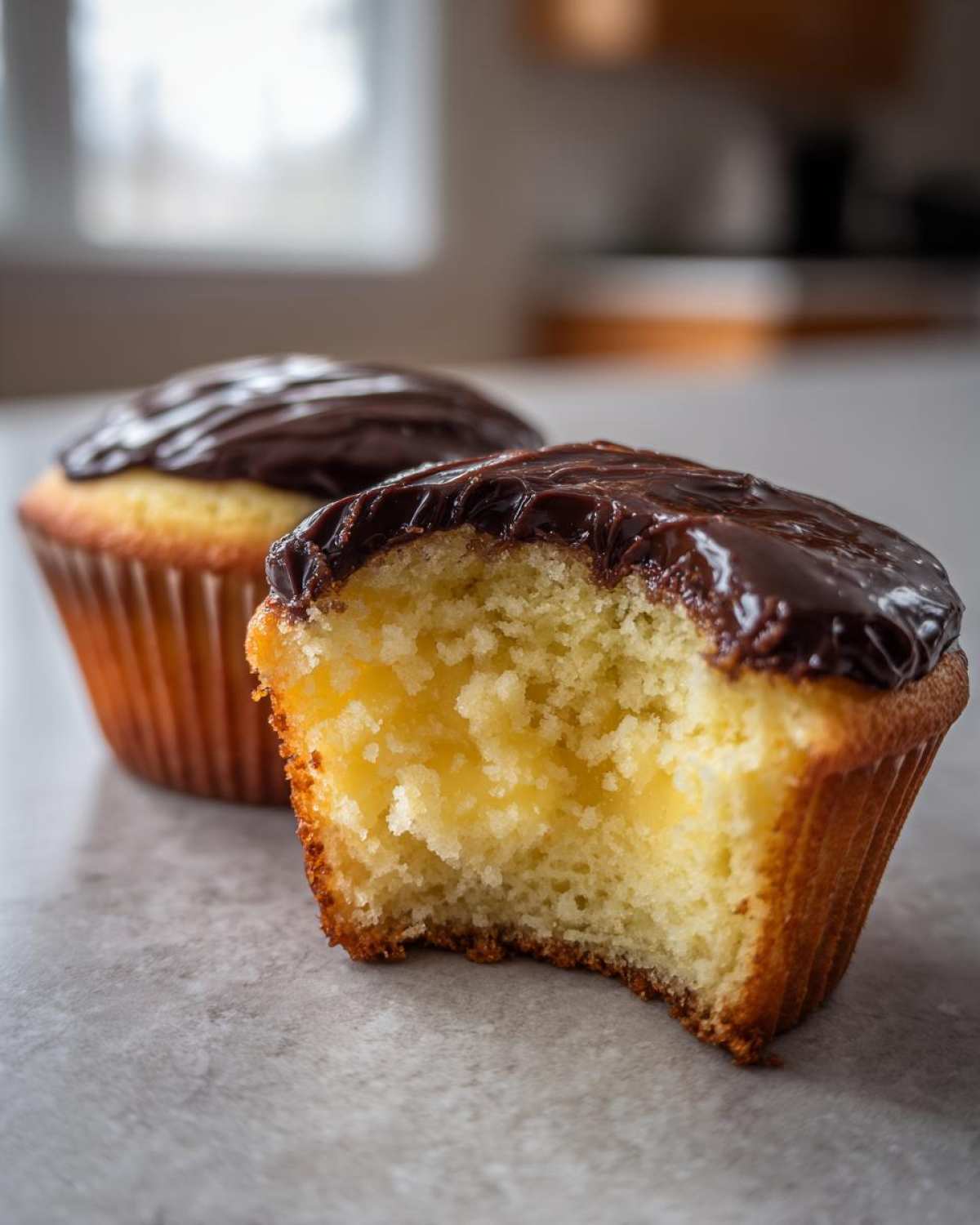 Close-up of a boston cream pie cupcake with a bite taken out, showing the yellow cake and creamy filling.