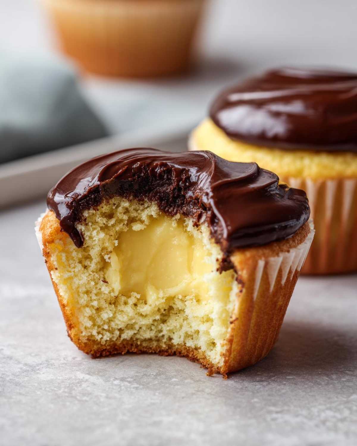 Close-up of a boston cream pie cupcake with a bite taken out, revealing vanilla filling and chocolate ganache.