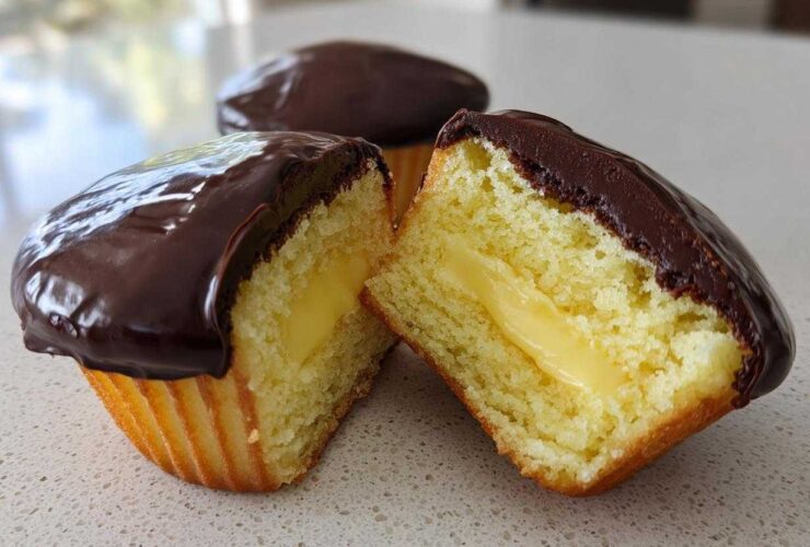 A boston cream pie cupcake cut in half showing the yellow cake, vanilla cream filling, and rich chocolate glaze.