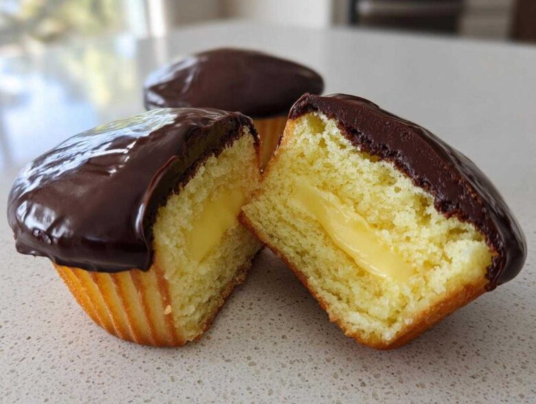 A boston cream pie cupcake cut in half showing the yellow cake, vanilla cream filling, and rich chocolate glaze.