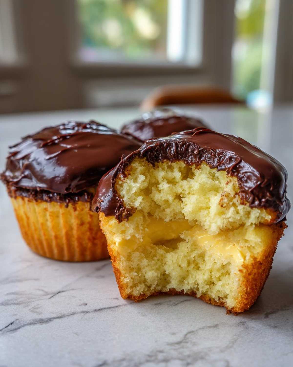 Close-up of a boston cream pie cupcake cut in half showing vanilla cake and pastry cream filling.