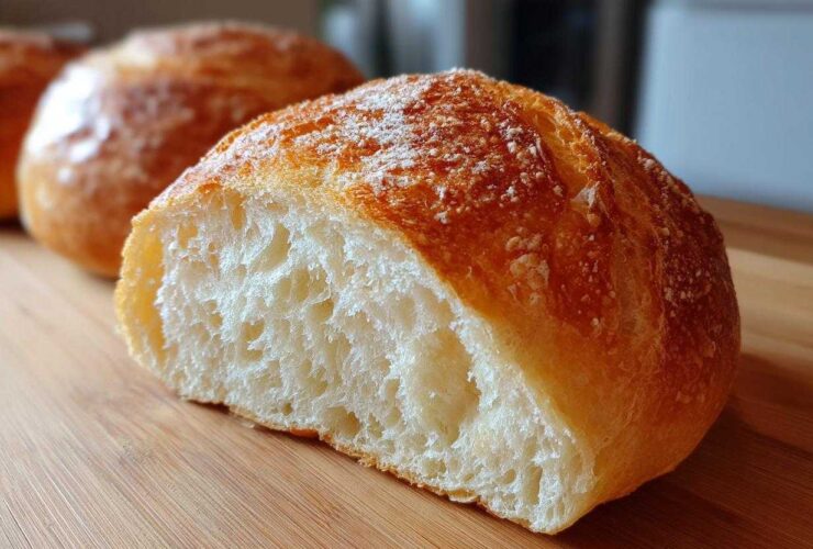 Close-up of a freshly baked roll, cut in half to show the soft, airy interior, perfect for bread bowls.