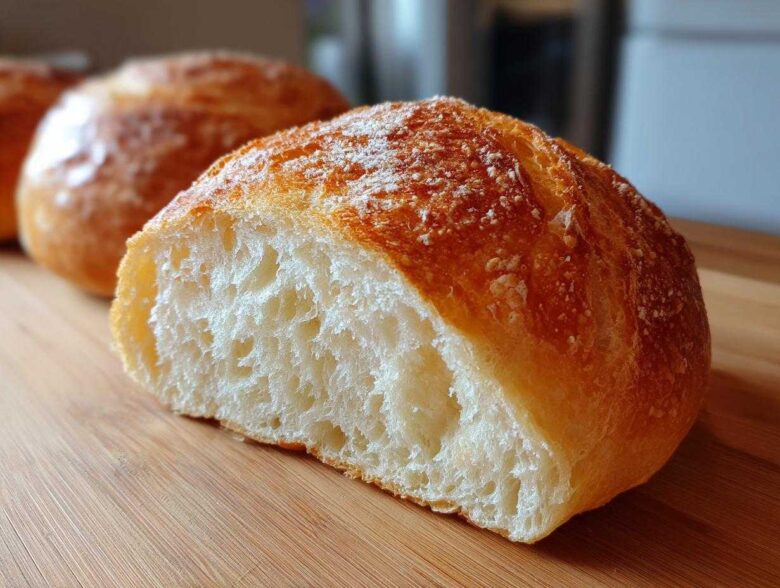 Close-up of a freshly baked roll, cut in half to show the soft, airy interior, perfect for bread bowls.