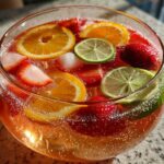 Close-up of a glass bowl filled with bubbly champagne punch garnished with orange slices, lime slices, strawberries, and ice.