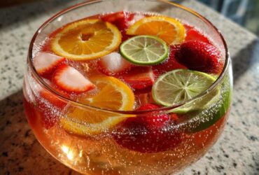 Close-up of a glass bowl filled with bubbly champagne punch garnished with orange slices, lime slices, strawberries, and ice.
