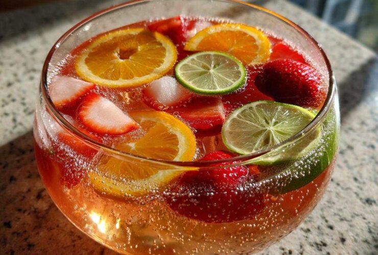 Close-up of a glass bowl filled with bubbly champagne punch garnished with orange slices, lime slices, strawberries, and ice.