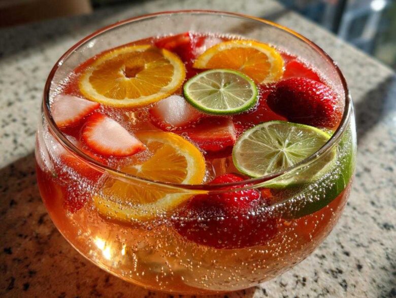 Close-up of a glass bowl filled with bubbly champagne punch garnished with orange slices, lime slices, strawberries, and ice.