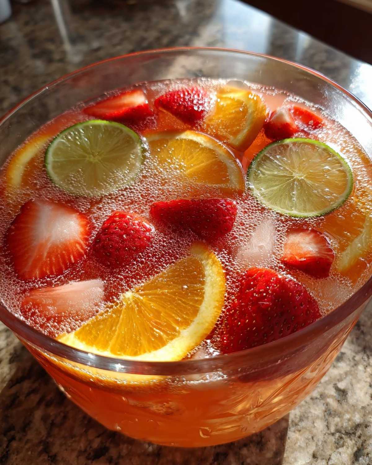 Close-up of a bubbly champagne punch in a glass bowl, garnished with strawberries, orange slices, and lime slices.