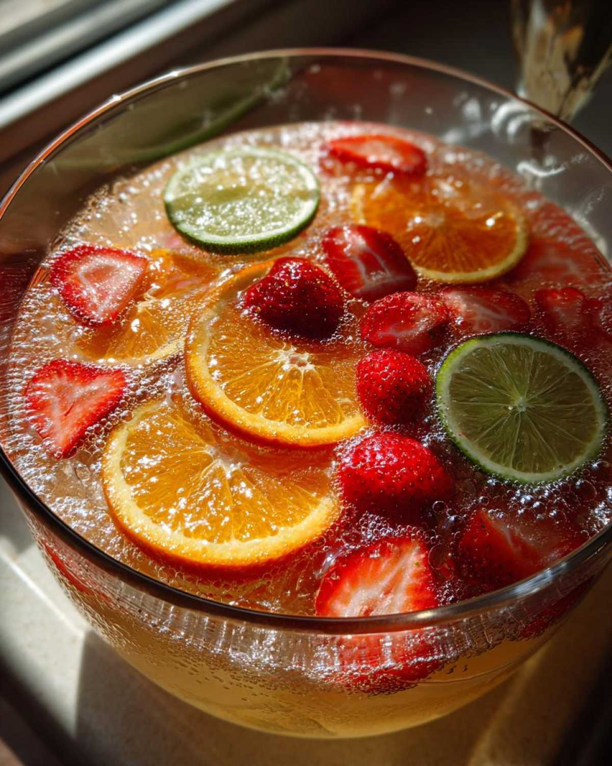Close-up of bubbly champagne punch garnished with bright orange slices, lime slices, and fresh strawberries.