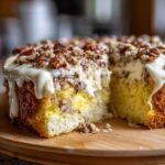 A moist slice removed from a butter pecan praline poke cake topped with white glaze and pecans.