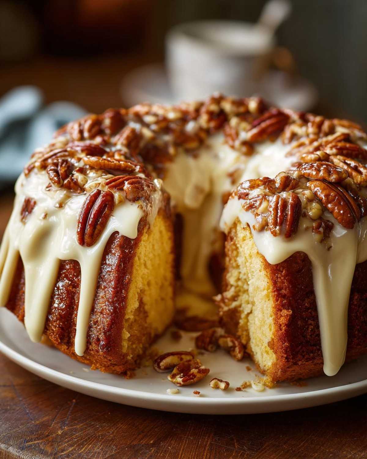 A slice removed from a bundt-style butter pecan praline poke cake topped with thick white glaze and candied pecans.