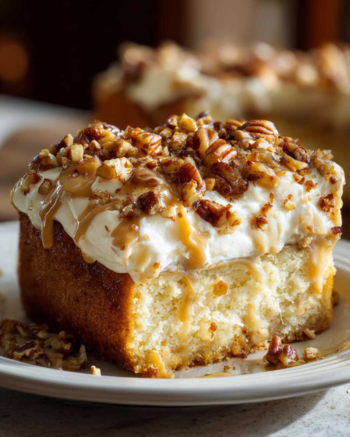 A decadent slice of butter pecan praline poke cake topped with whipped frosting, caramel drizzle, and toasted pecans.