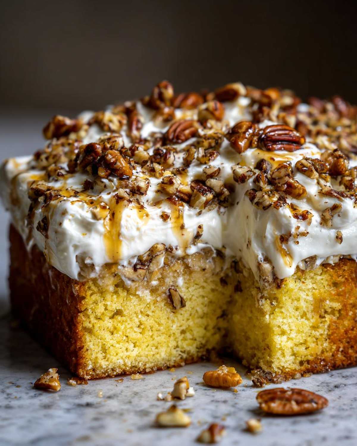 Close-up of a slice of butter pecan praline poke cake showing the moist yellow cake, creamy topping, and pecans.
