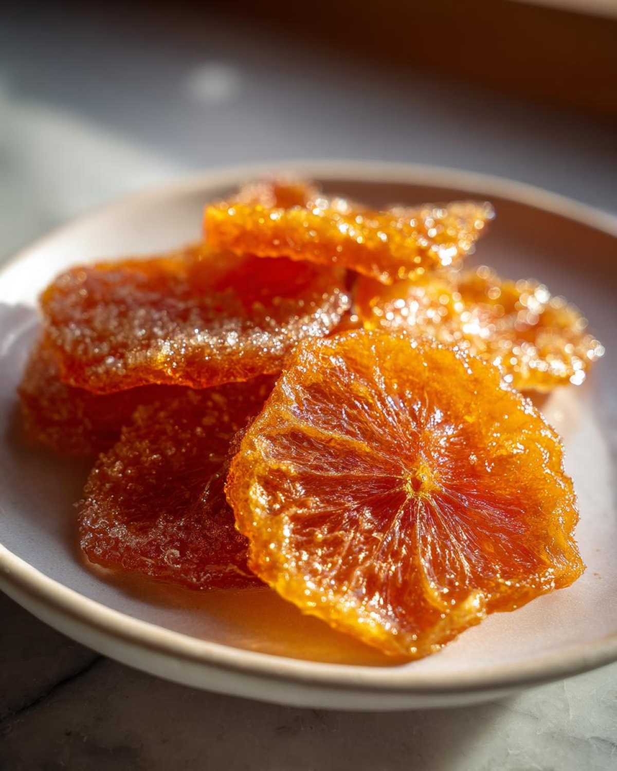 Close-up of glistening, sugar-coated candied orange slices piled on a light-colored plate.
