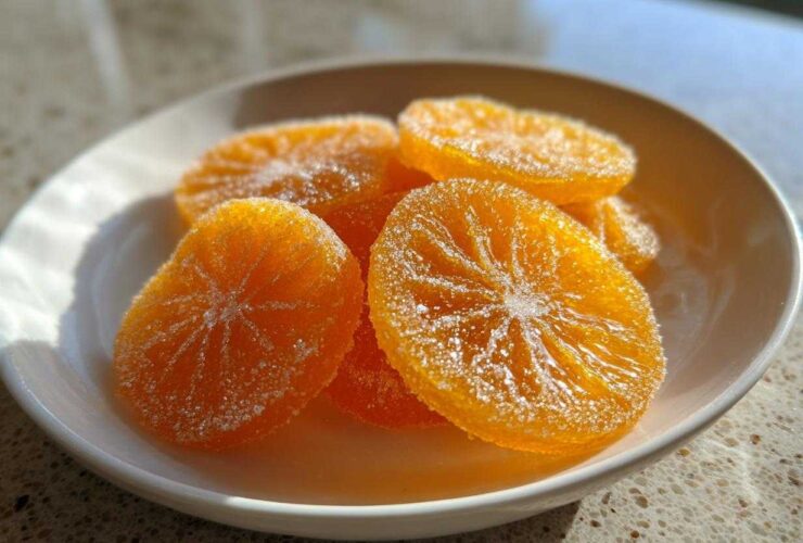 A small white bowl filled with glistening, sugar-coated candied orange slices, highlighted by bright sunlight.