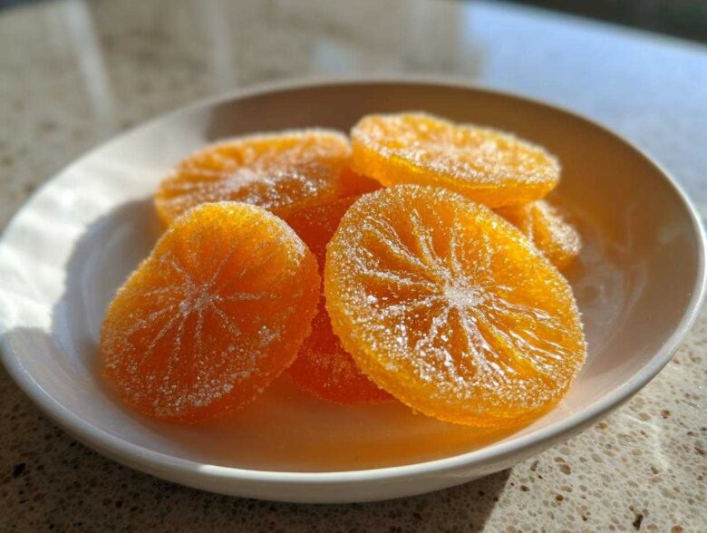 A small white bowl filled with glistening, sugar-coated candied orange slices, highlighted by bright sunlight.